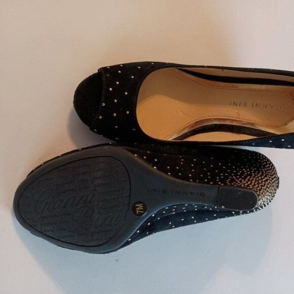 GIANNI BINI, Woman Black Peep Toe with Gold Jeweled Wedges Evening Shoes, Size 7 - Picture 6 of 7